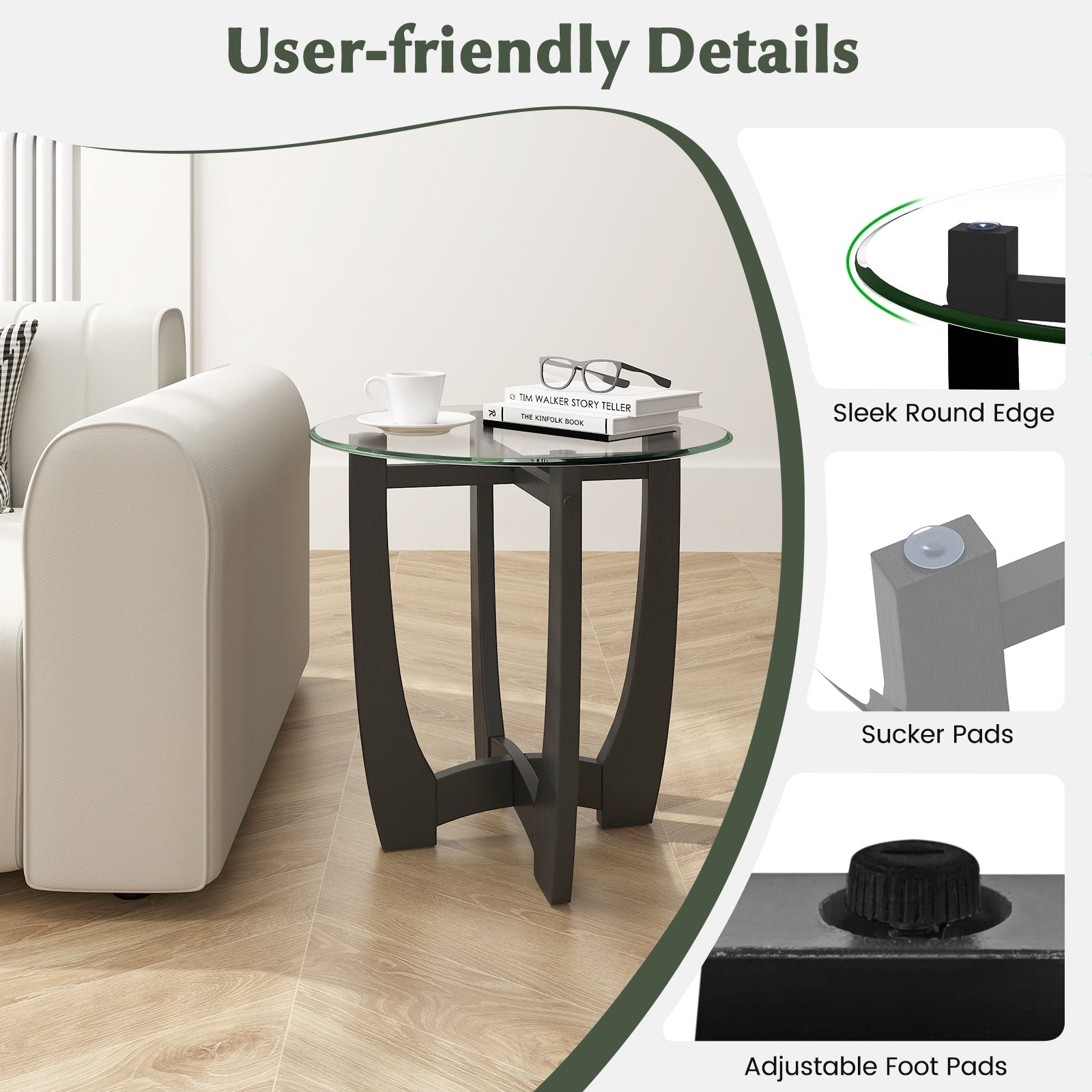 23.5 Inch Round End Side Table with Tempered Glass Tabletop, Black End & Side Tables at Gallery Canada