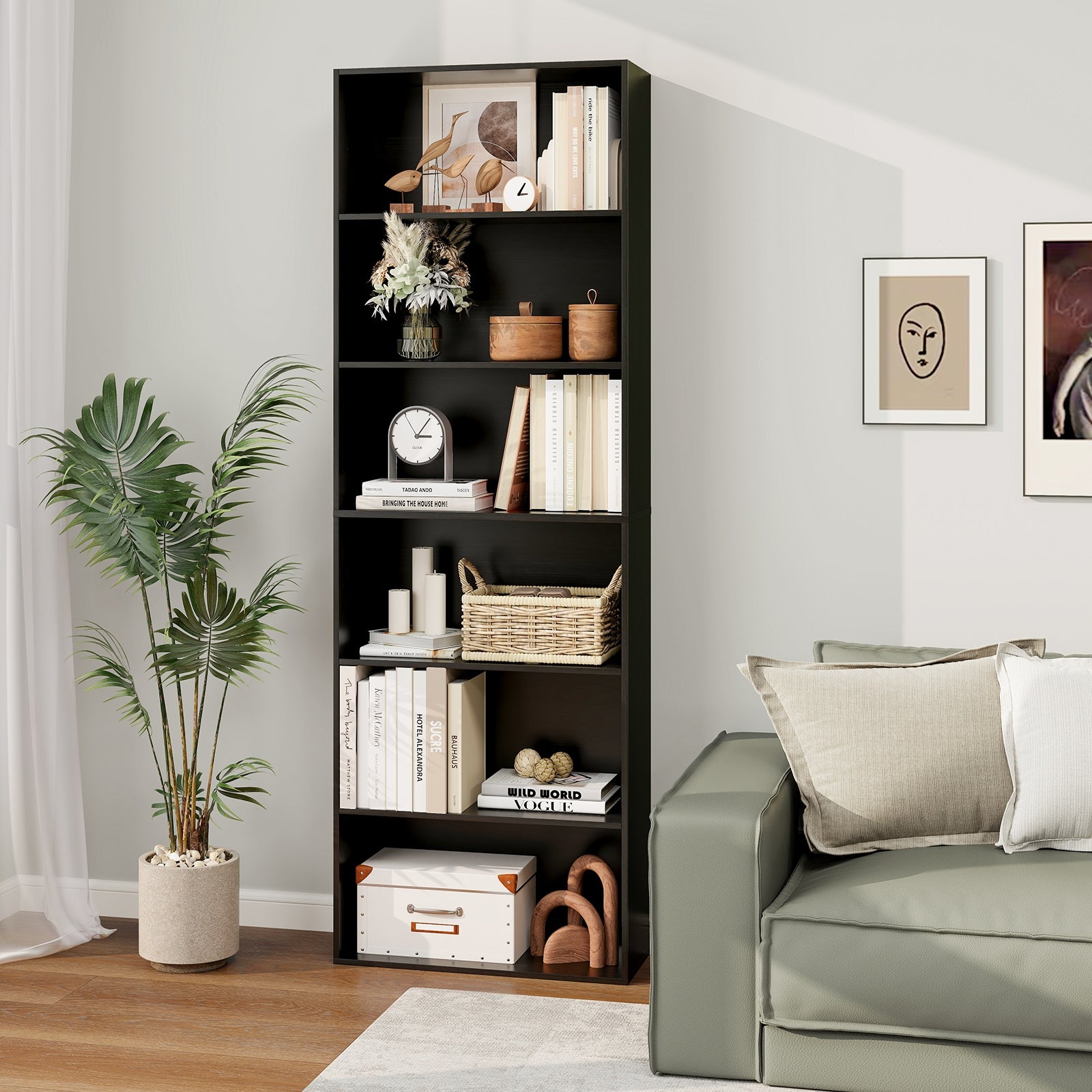 6-Tier Bookcase with 6 Open Shelves and Anti-Toppling Kits, Black Bookcases at Gallery Canada