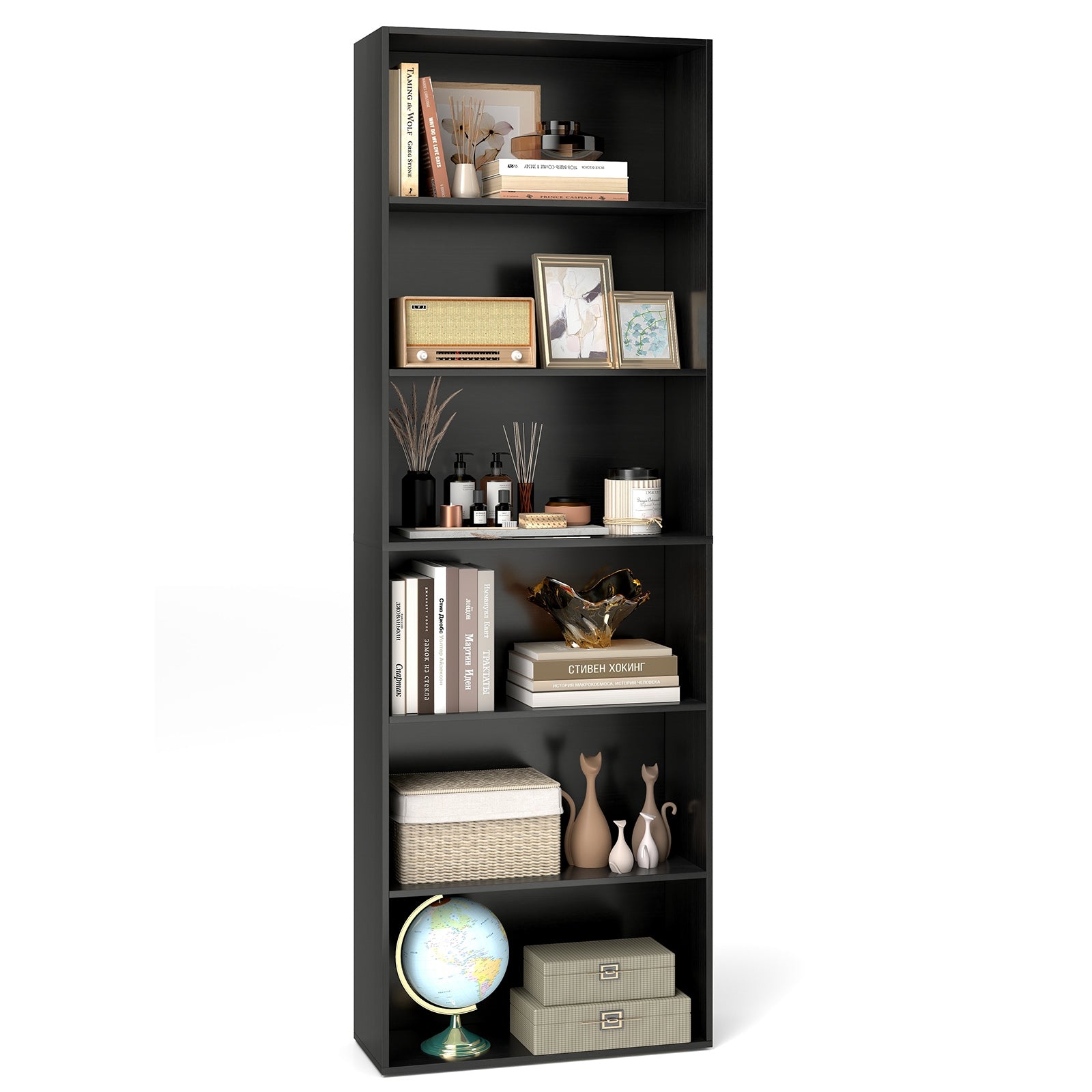 6-Tier Bookcase with 6 Open Shelves and Anti-Toppling Kits, Black Bookcases at Gallery Canada