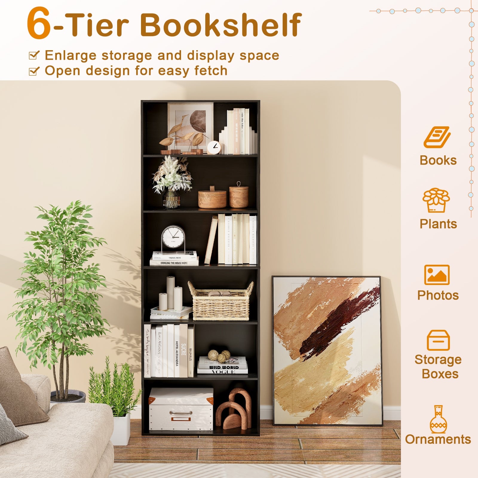 6-Tier Bookcase with 6 Open Shelves and Anti-Toppling Kits, Black Bookcases at Gallery Canada