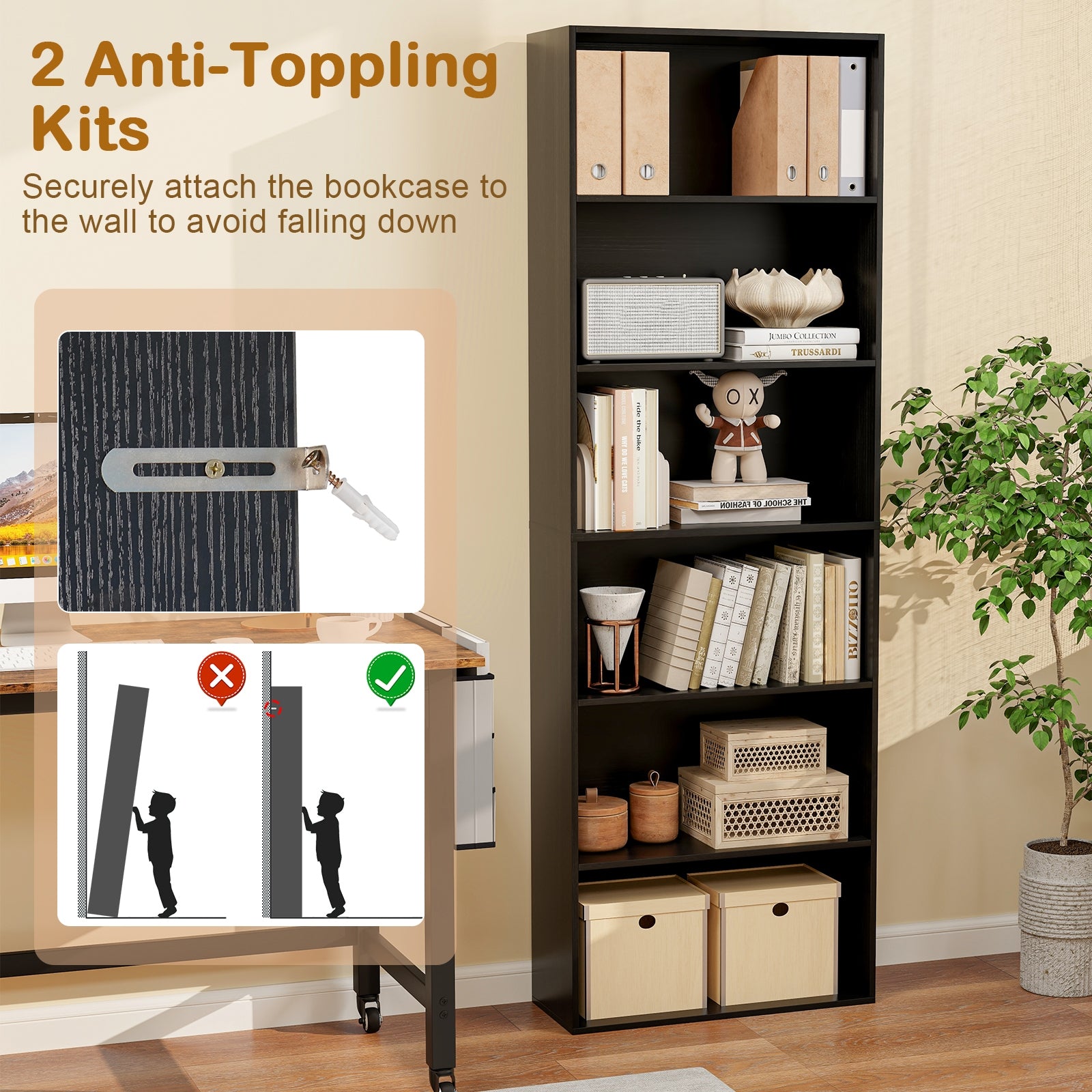 6-Tier Bookcase with 6 Open Shelves and Anti-Toppling Kits, Black Bookcases at Gallery Canada