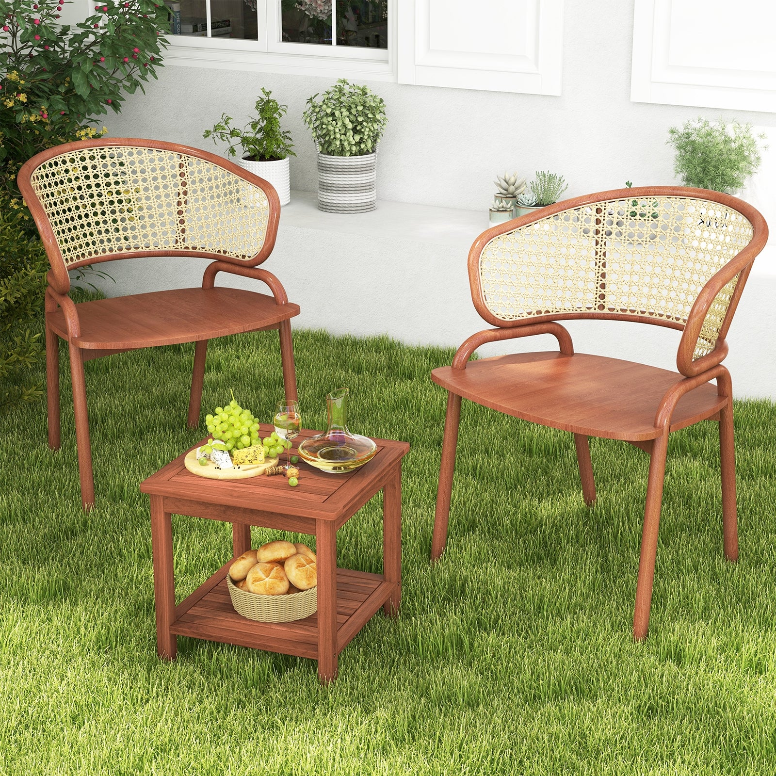 Set of 2 Double-Tier Acacia Wood Patio Side Table with Slatted Tabletop and Shelf, Natural Patio Coffee Tables at Gallery Canada