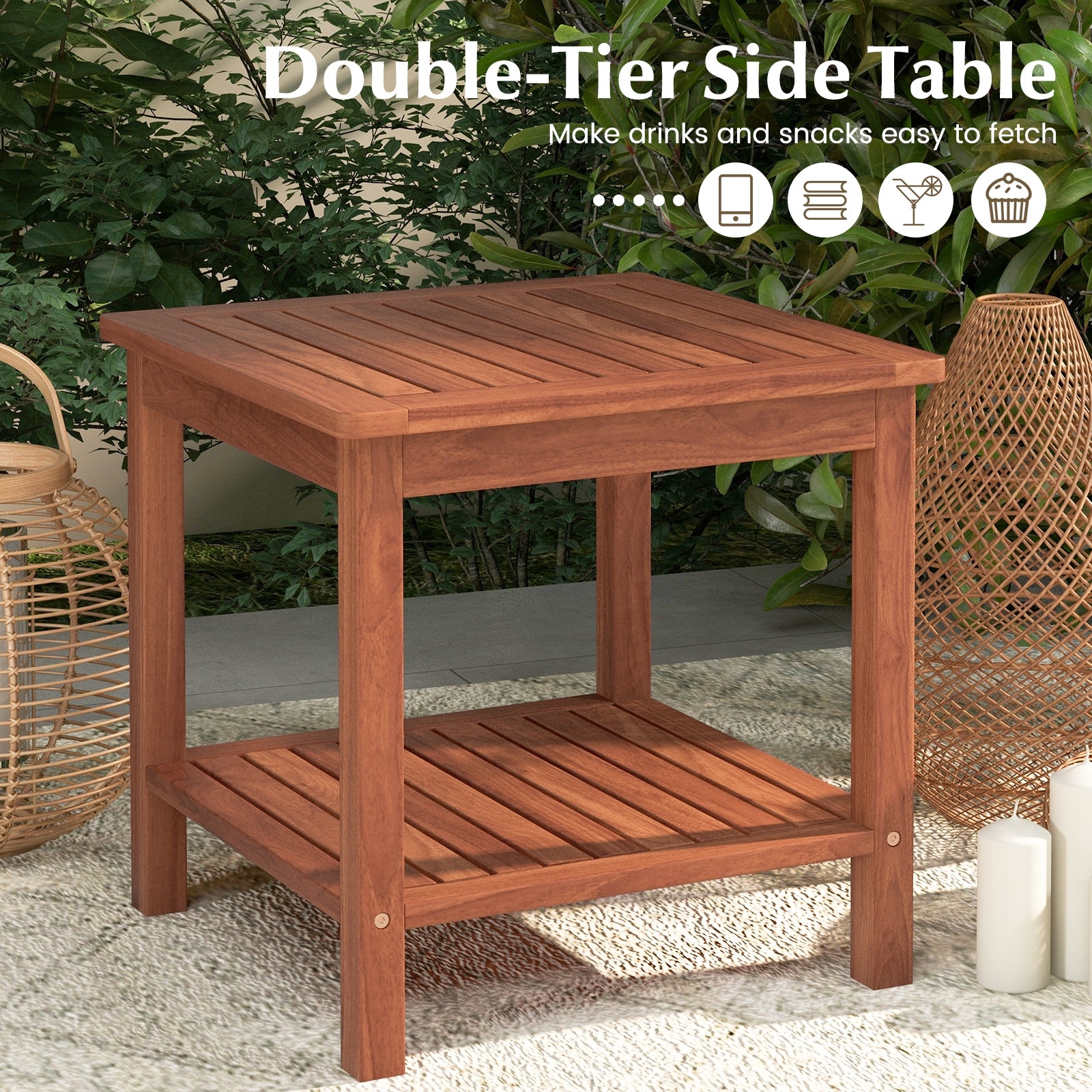 Set of 2 Double-Tier Acacia Wood Patio Side Table with Slatted Tabletop and Shelf, Natural Patio Coffee Tables at Gallery Canada