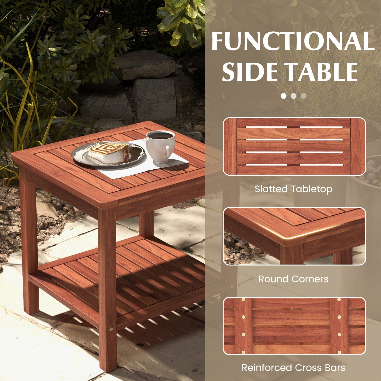 Set of 2 Double-Tier Acacia Wood Patio Side Table with Slatted Tabletop and Shelf, Natural Patio Coffee Tables at Gallery Canada