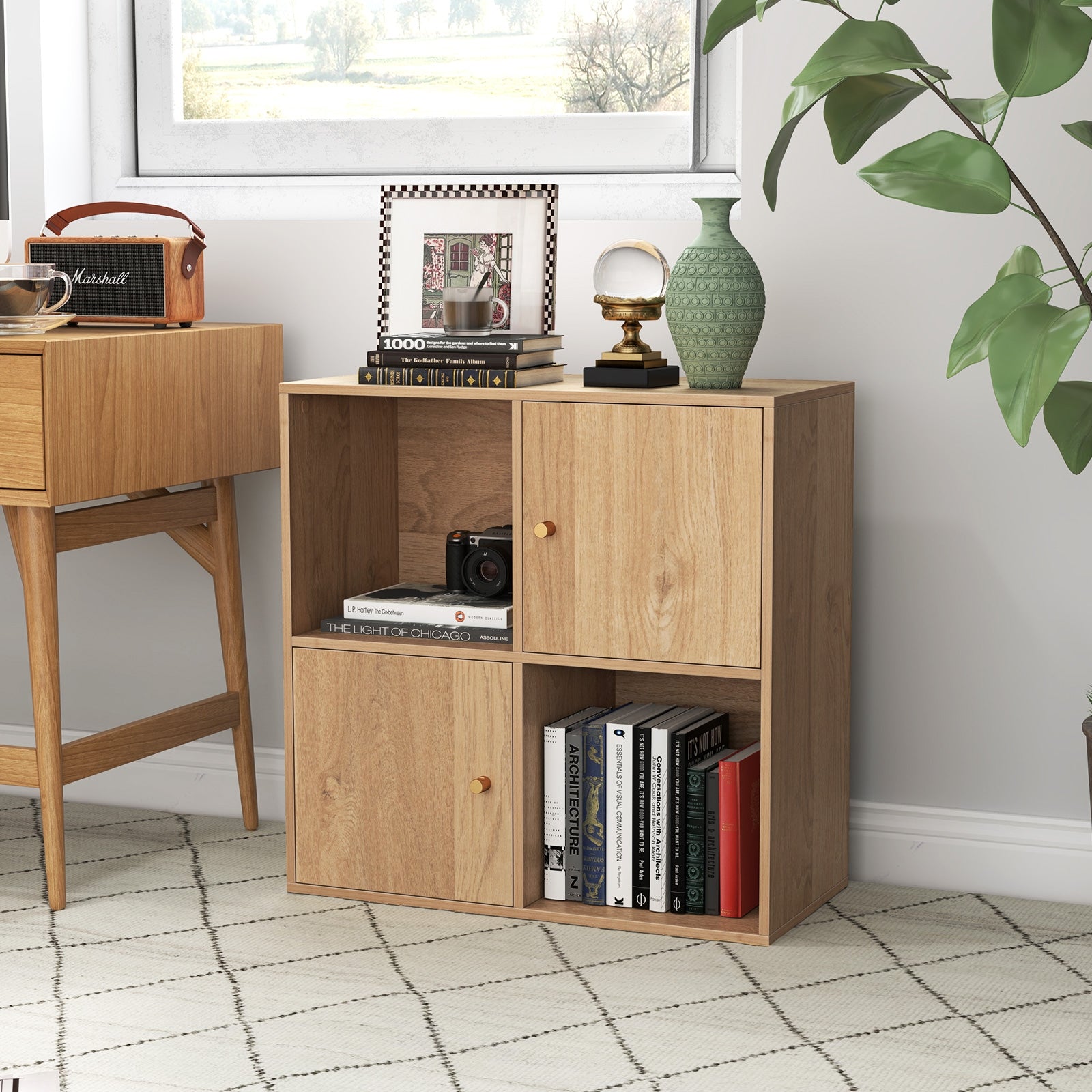 4-Cube Bookcase 3-Tier Bookshelf with Dual Anti-Tipping Kits and 2 Cabinets, Natural Bookcases at Gallery Canada