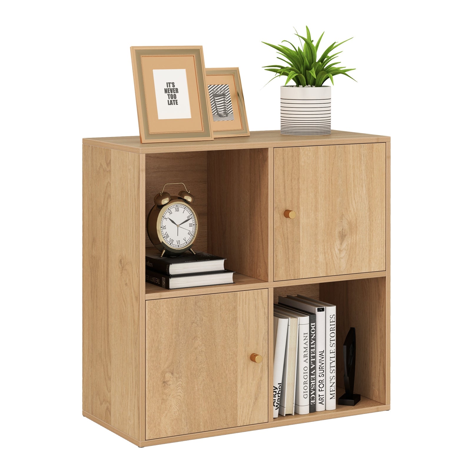 4-Cube Bookcase 3-Tier Bookshelf with Dual Anti-Tipping Kits and 2 Cabinets, Natural Bookcases Natural at Gallery Canada