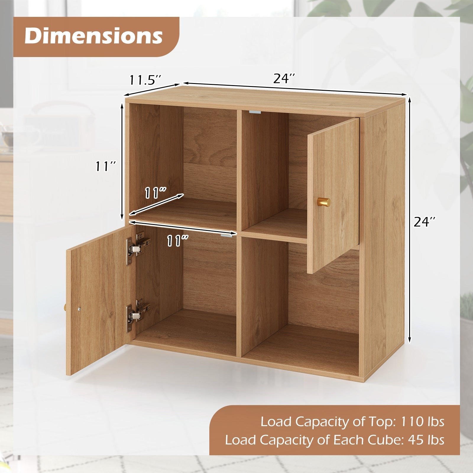 4-Cube Bookcase 3-Tier Bookshelf with Dual Anti-Tipping Kits and 2 Cabinets, Natural Bookcases at Gallery Canada