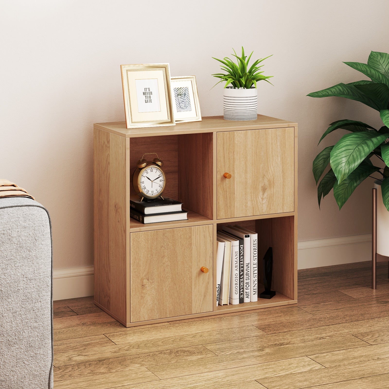 4-Cube Bookcase 3-Tier Bookshelf with Dual Anti-Tipping Kits and 2 Cabinets, Natural Bookcases at Gallery Canada