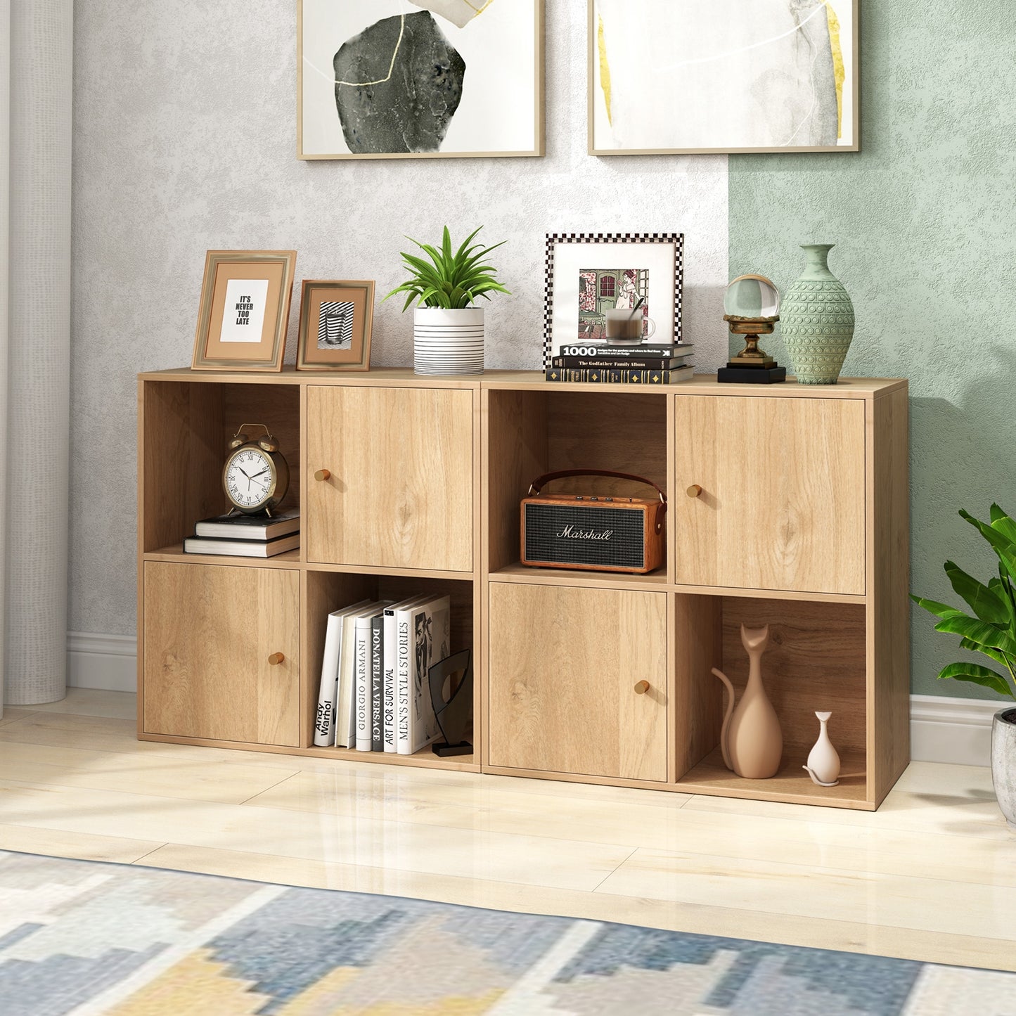 4-Cube Bookcase 3-Tier Bookshelf with Dual Anti-Tipping Kits and 2 Cabinets, Natural Bookcases at Gallery Canada