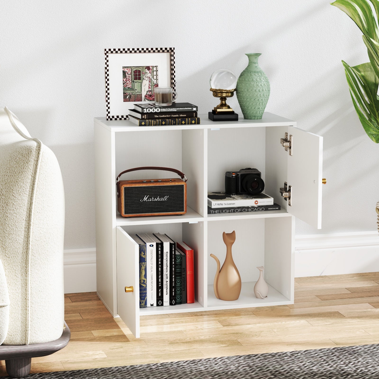 4-Cube Bookcase 3-Tier Bookshelf with Dual Anti-Tipping Kits and 2 Cabinets, White Bookcases at Gallery Canada