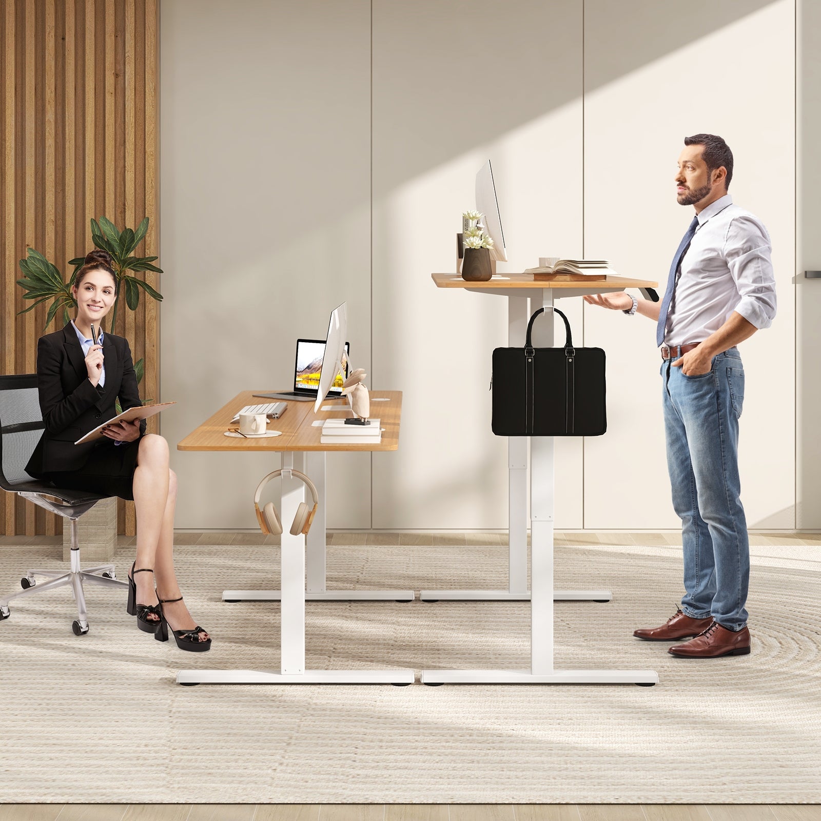 Electric Standing Desk with 3 Memory Heights and 2 Hanging Hooks and Cable Holes, Natural Standing Desks at Gallery Canada