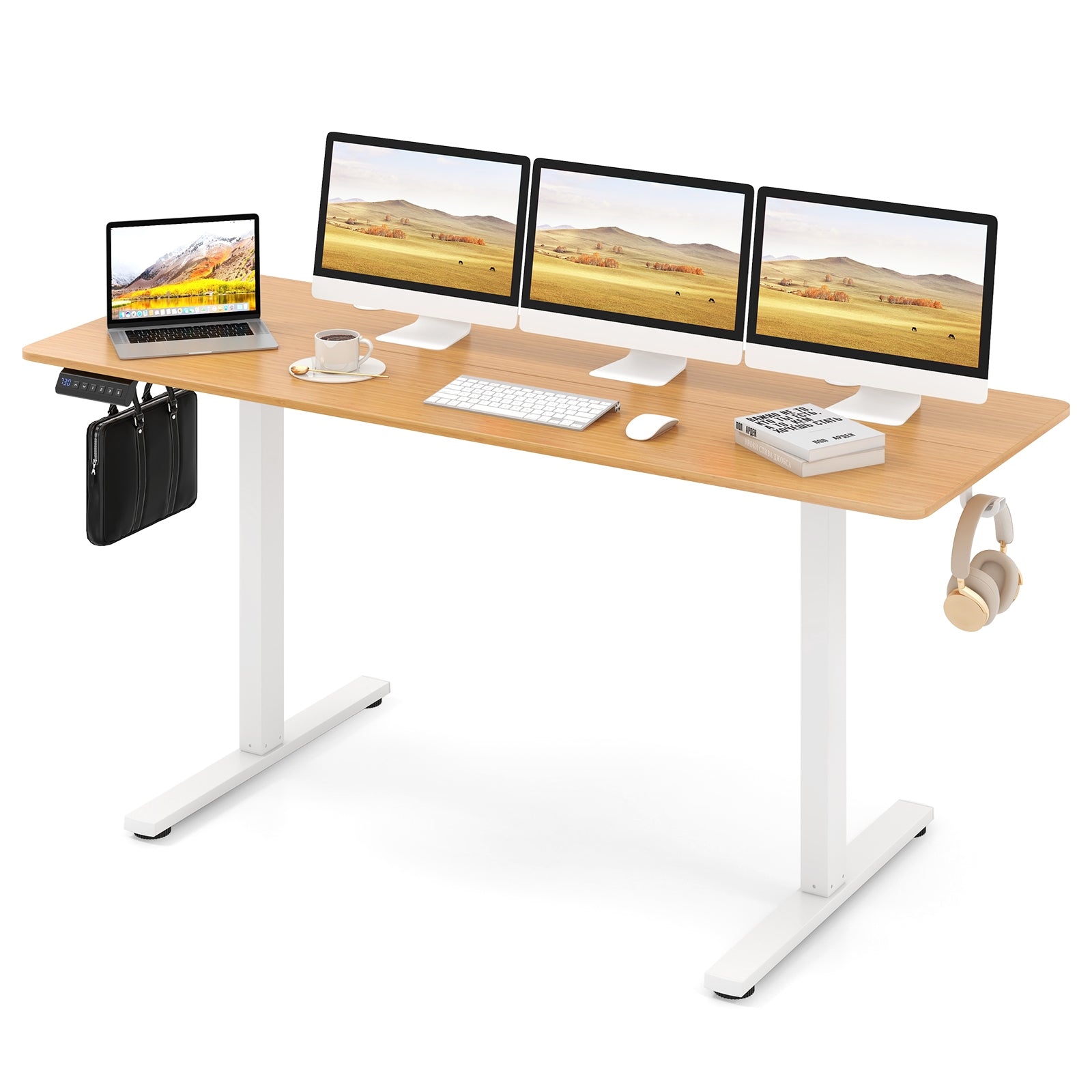 Electric Standing Desk with 3 Memory Heights and 2 Hanging Hooks and Cable Holes, Natural Standing Desks at Gallery Canada