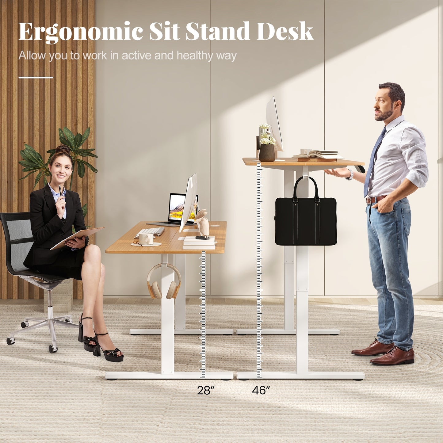 Electric Standing Desk with 3 Memory Heights and 2 Hanging Hooks and Cable Holes, Natural Standing Desks at Gallery Canada