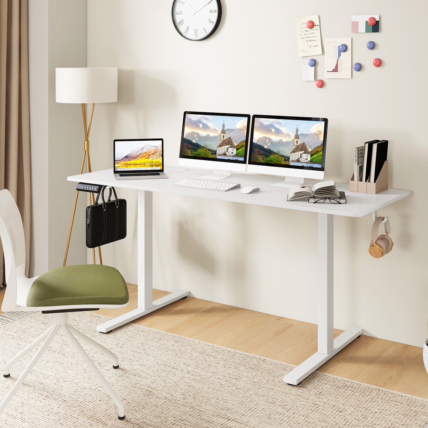 Electric Standing Desk with 3 Memory Heights and 2 Hanging Hooks and Cable Holes, White Standing Desks at Gallery Canada