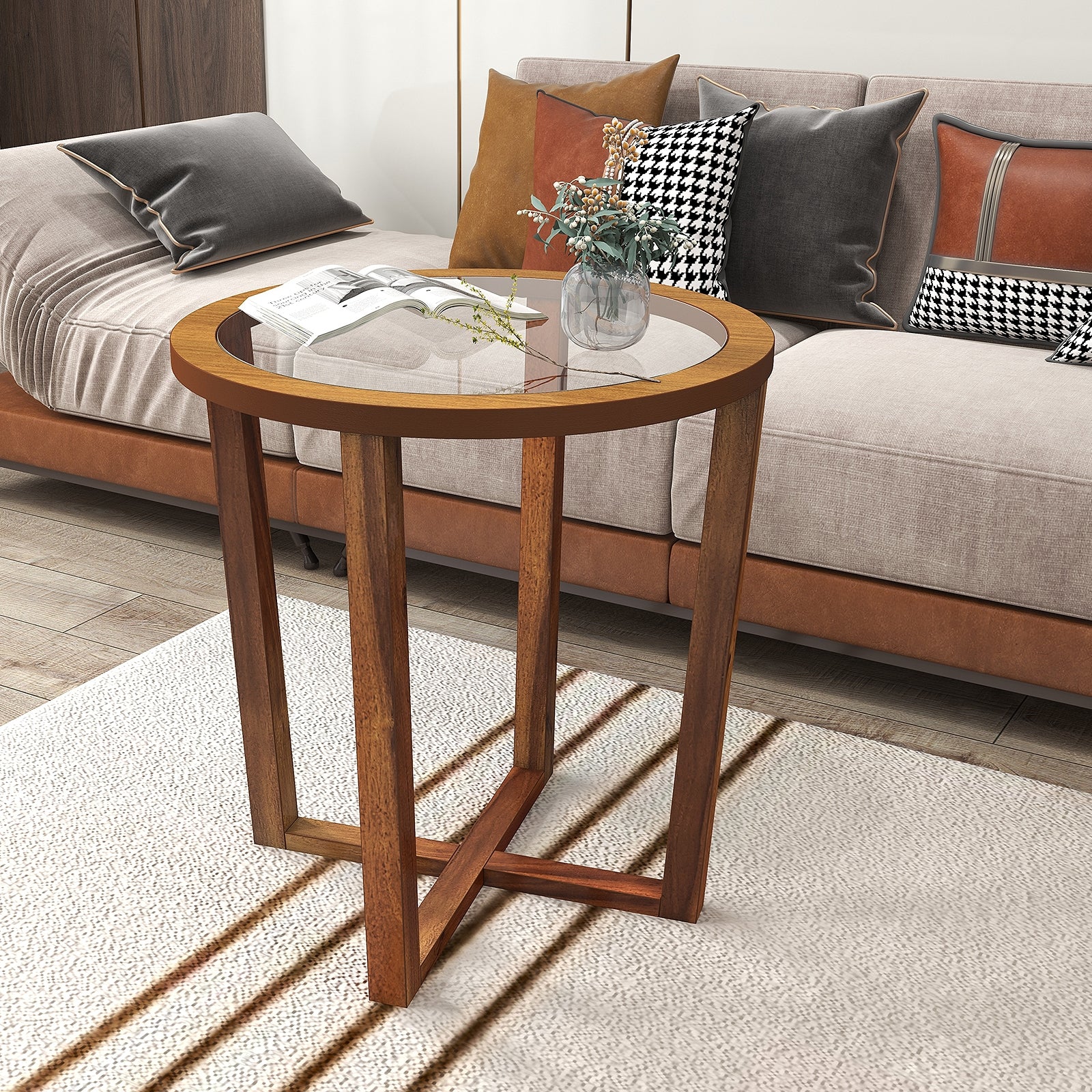 Modern Round End Table Sofa Side Table with Transparent Tempered Glass Top, Brown End & Side Tables   at Gallery Canada