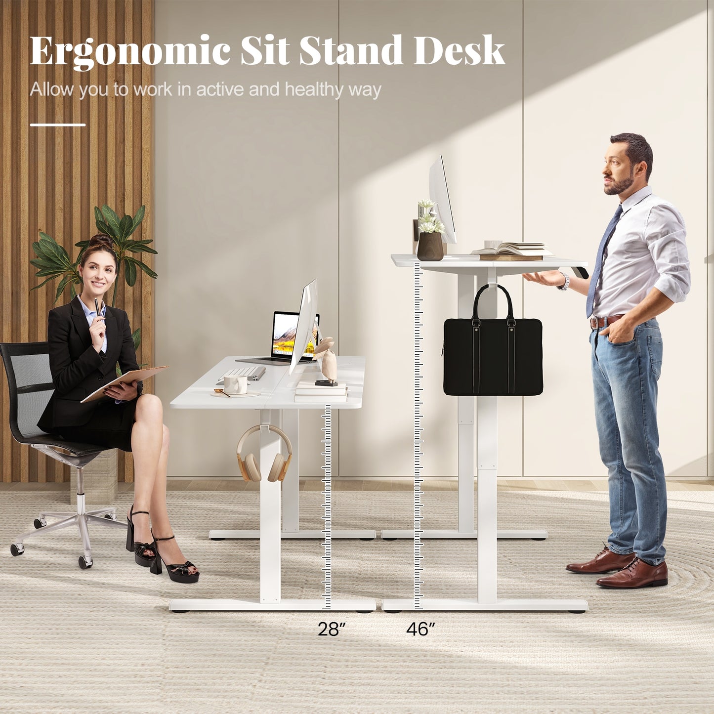 Electric Standing Desk with 3 Memory Heights and 2 Hanging Hooks and Cable Holes, White Standing Desks at Gallery Canada