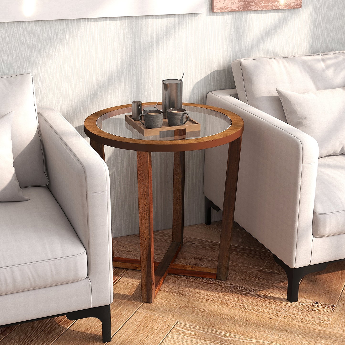 Modern Round End Table Sofa Side Table with Transparent Tempered Glass Top, Brown End & Side Tables   at Gallery Canada