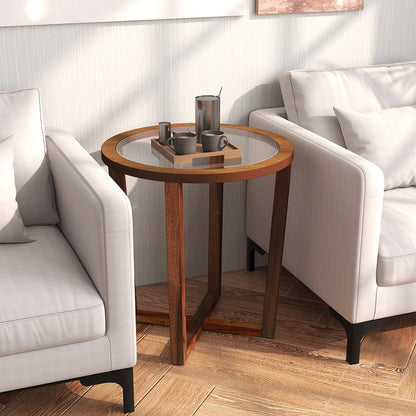 Modern Round End Table Sofa Side Table with Transparent Tempered Glass Top, Brown End & Side Tables   at Gallery Canada