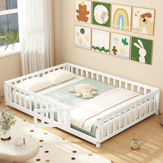 Montessori Bed Frame with Full-length Guardrails Safety Door and Latch, White Toddler Beds White at Gallery Canada