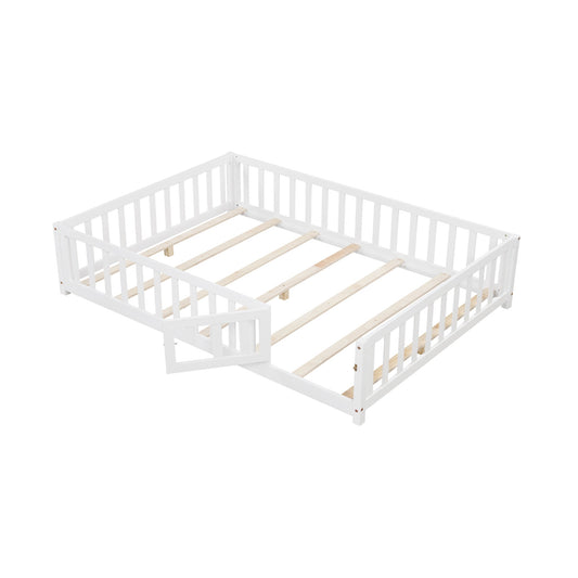 Montessori Bed Frame with Full-length Guardrails Safety Door and Latch, White Toddler Beds White at Gallery Canada