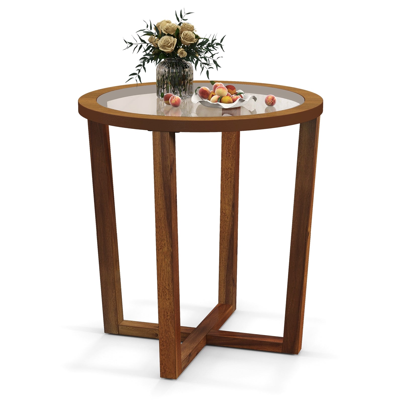 Modern Round End Table Sofa Side Table with Transparent Tempered Glass Top, Brown End & Side Tables   at Gallery Canada