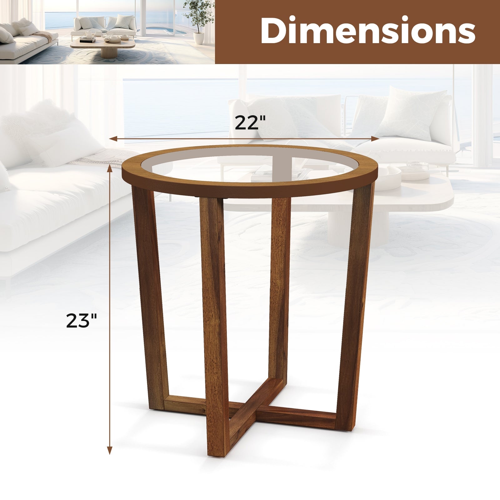 Modern Round End Table Sofa Side Table with Transparent Tempered Glass Top, Brown End & Side Tables   at Gallery Canada