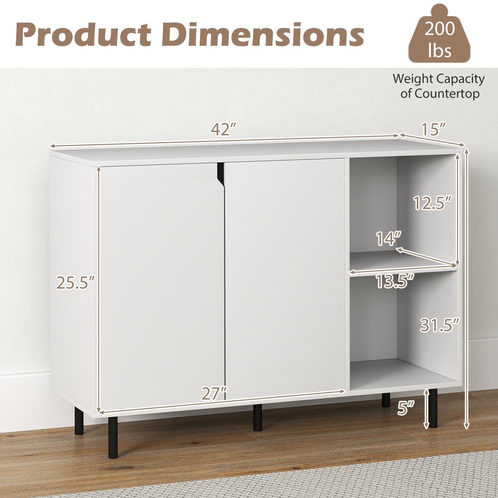 42 Inch Sideboard Buffet Cabinet Kitchen with Adjustable Shelves, White Sideboards Cabinets & Buffets at Gallery Canada