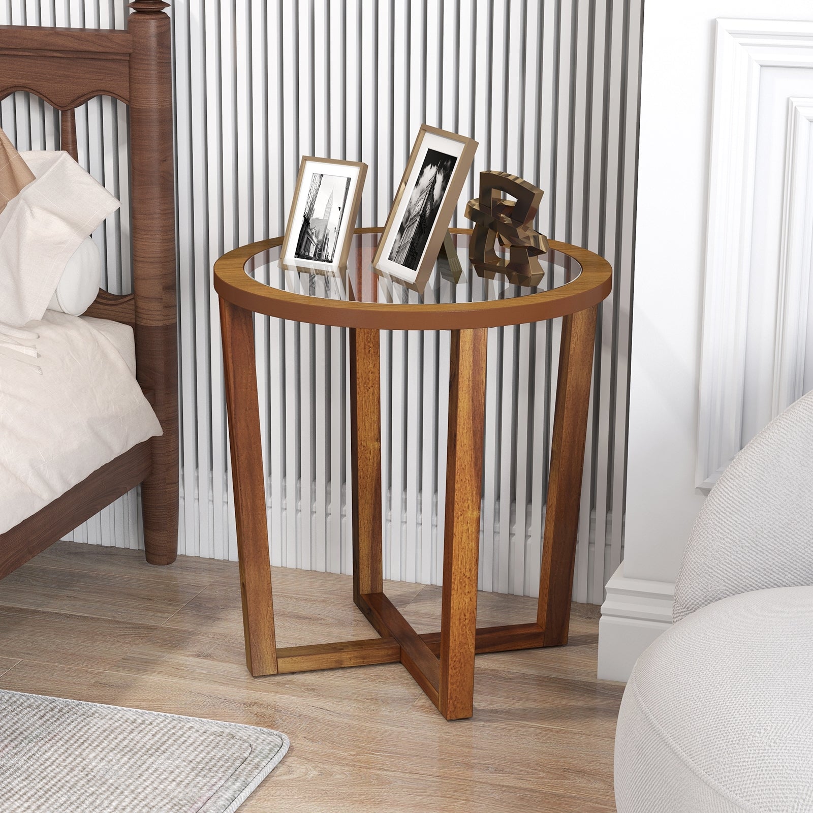 Modern Round End Table Sofa Side Table with Transparent Tempered Glass Top, Brown End & Side Tables   at Gallery Canada