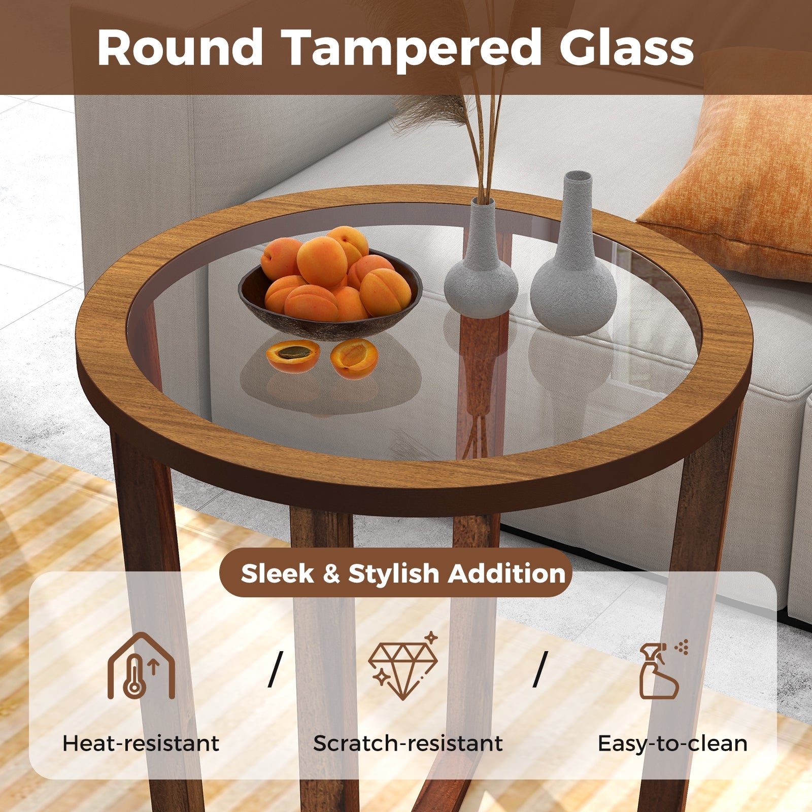 Modern Round End Table Sofa Side Table with Transparent Tempered Glass Top, Brown End & Side Tables   at Gallery Canada