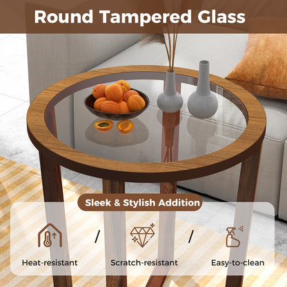 Modern Round End Table Sofa Side Table with Transparent Tempered Glass Top, Brown End & Side Tables   at Gallery Canada