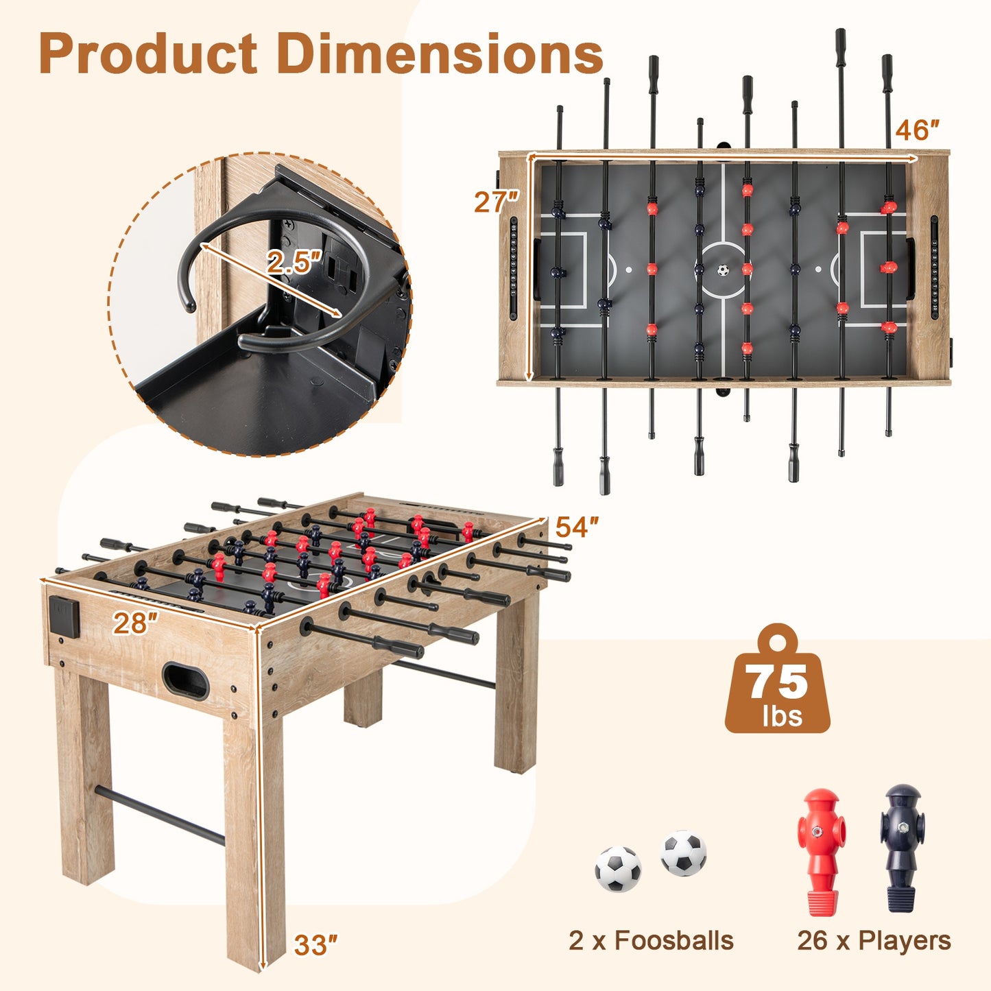 54 Inches Full Size Foosball Table with Legs 2 Balls and 2 Foldable Cup Holders for Kids Teens Adults, Natural Game Room at Gallery Canada