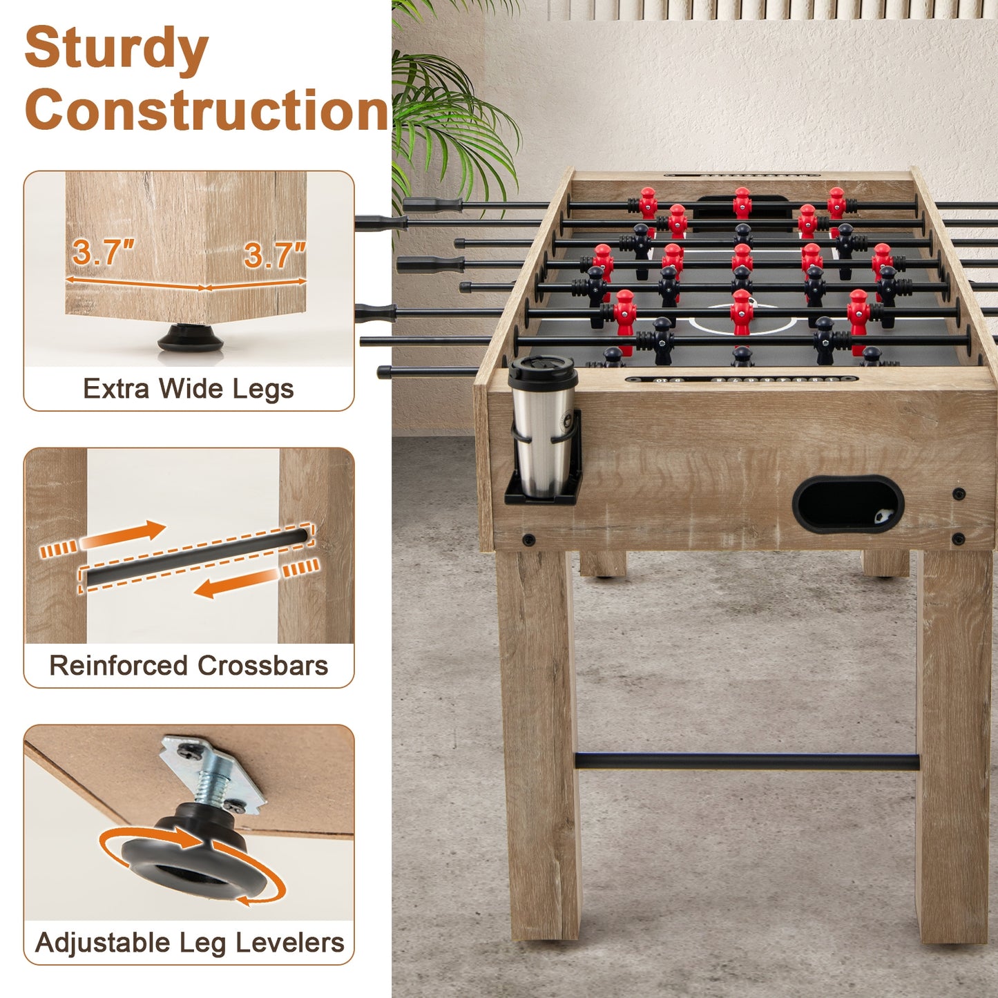 54 Inches Full Size Foosball Table with Legs 2 Balls and 2 Foldable Cup Holders for Kids Teens Adults, Natural Game Room at Gallery Canada