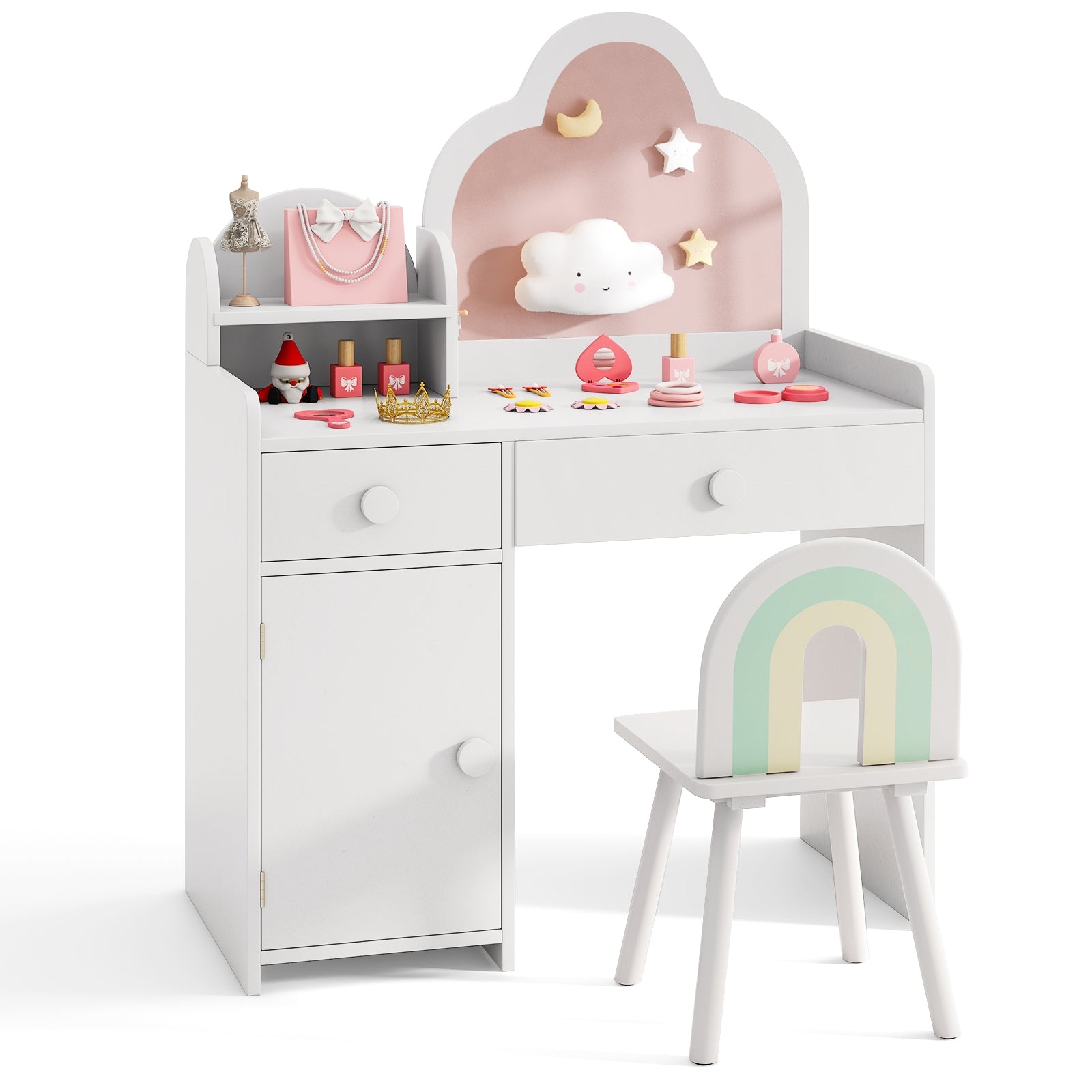 Kids Vanity Table and Chair Set with Cloud-shaped Mirror and Open Shelf, White Kids Vanities White at Gallery Canada