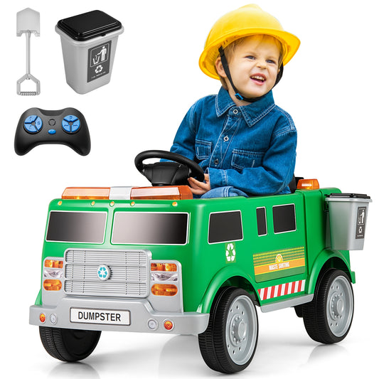 12V Battery Powered Electric Vehicle with Remote Control and Trash Bin, Green Powered Ride On Toys Green at Gallery Canada