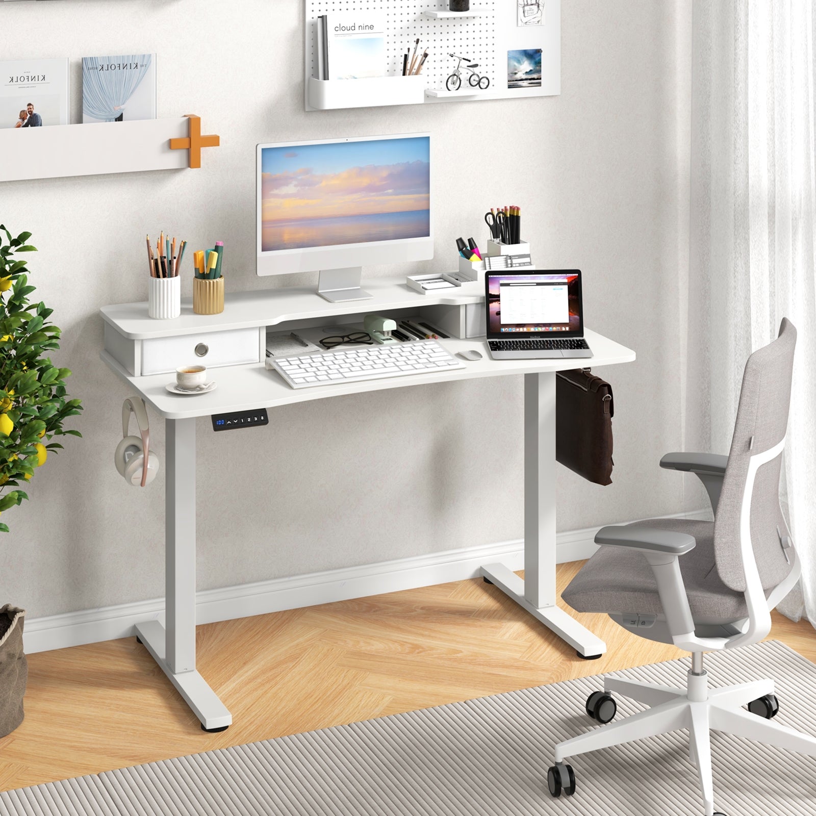 48 Inch x 24 Inch Height Adjustable Electric Standing Desk with 2 Drawers, White Standing Desks at Gallery Canada