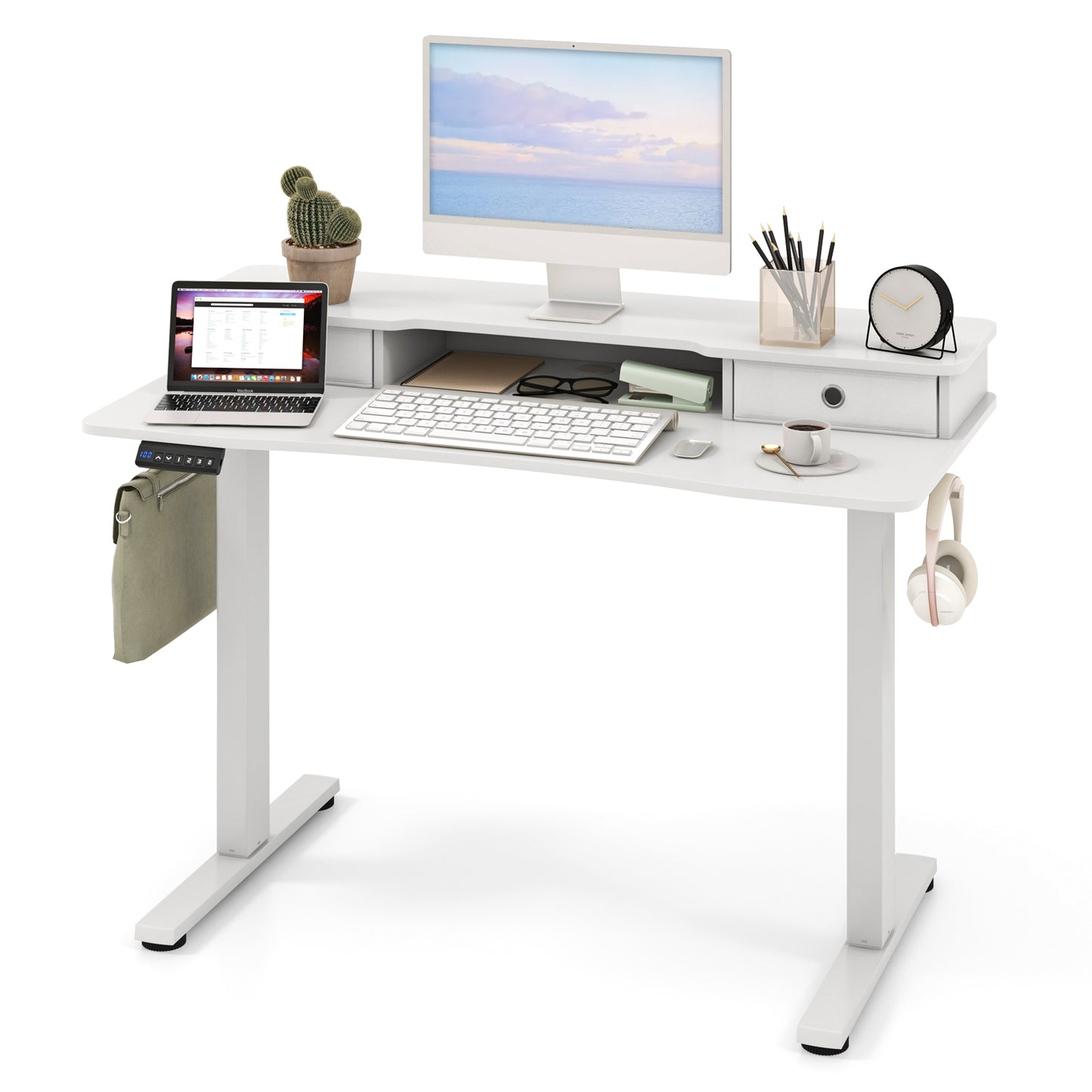 48 Inch x 24 Inch Height Adjustable Electric Standing Desk with 2 Drawers, White Standing Desks White at Gallery Canada