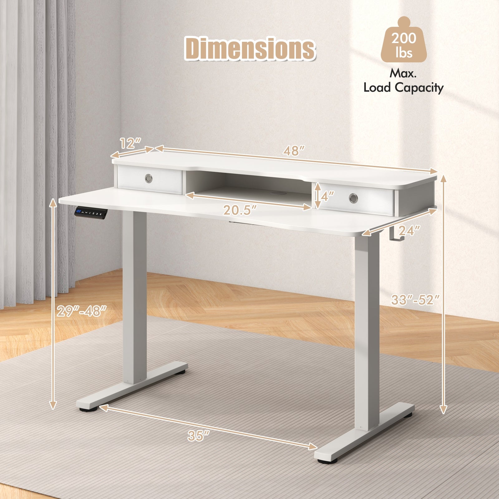 48 Inch x 24 Inch Height Adjustable Electric Standing Desk with 2 Drawers, White Standing Desks at Gallery Canada