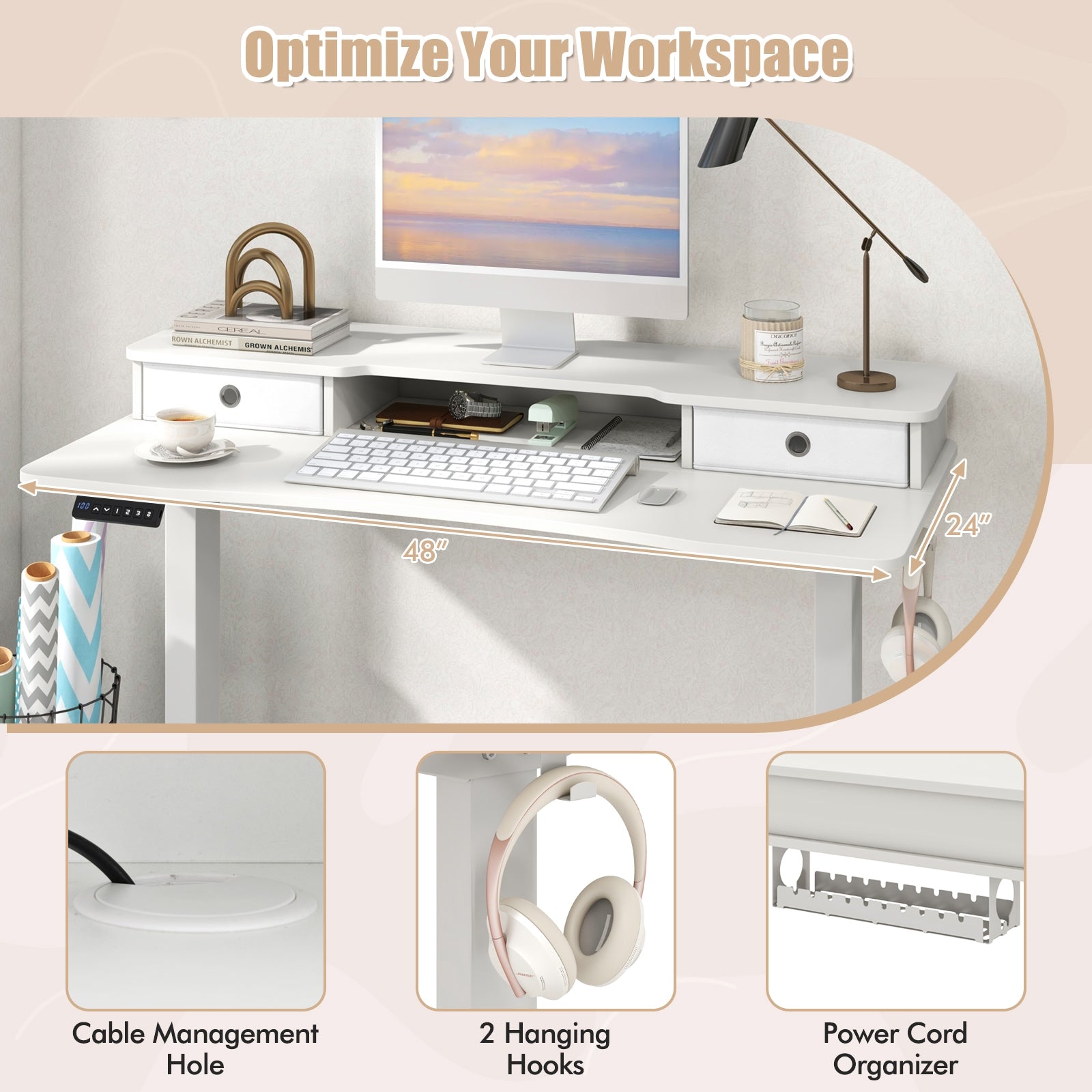 48 Inch x 24 Inch Height Adjustable Electric Standing Desk with 2 Drawers, White Standing Desks at Gallery Canada