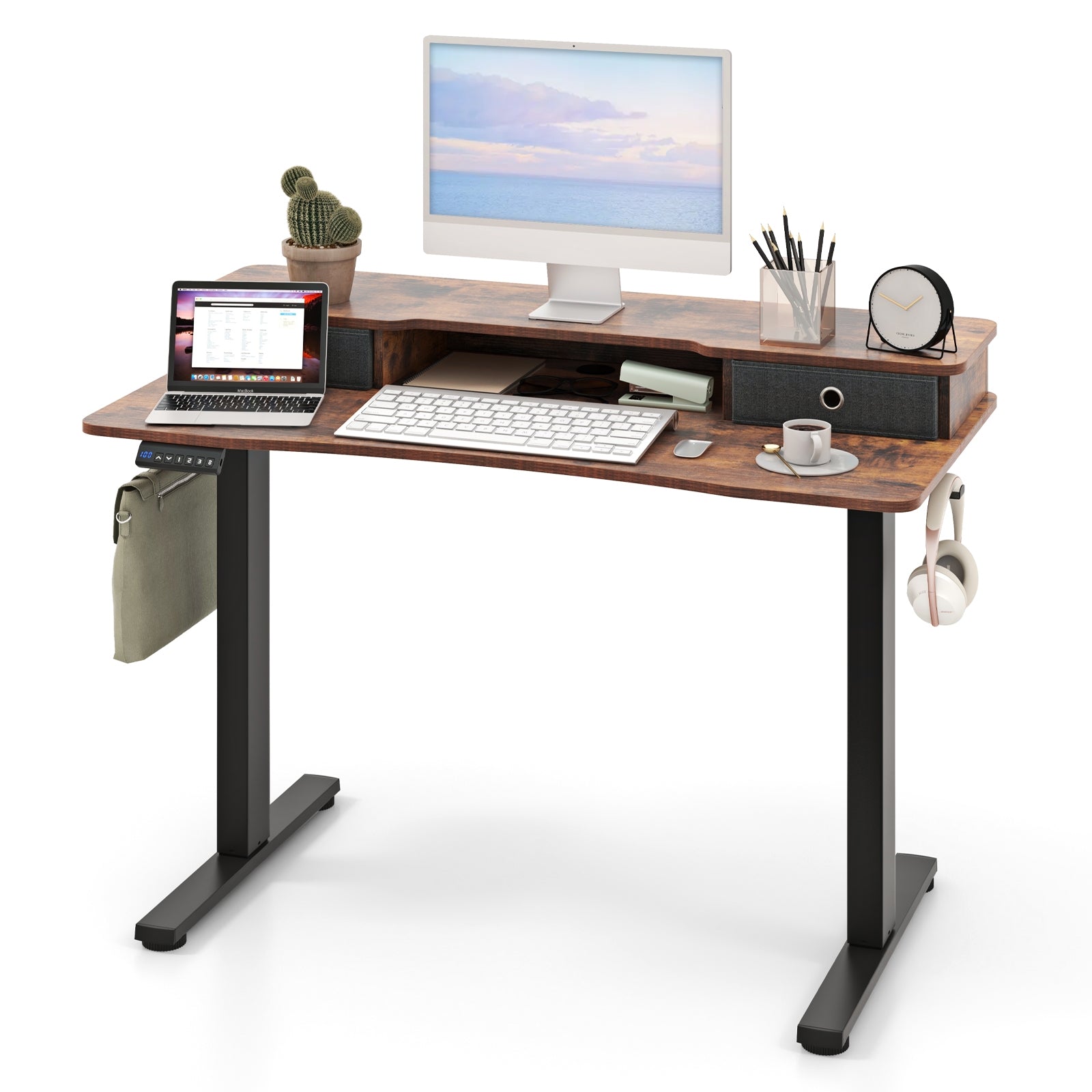 48 Inch x 24 Inch Height Adjustable Electric Standing Desk with 2 Drawers, Rustic Brown Standing Desks Rustic Brown at Gallery Canada