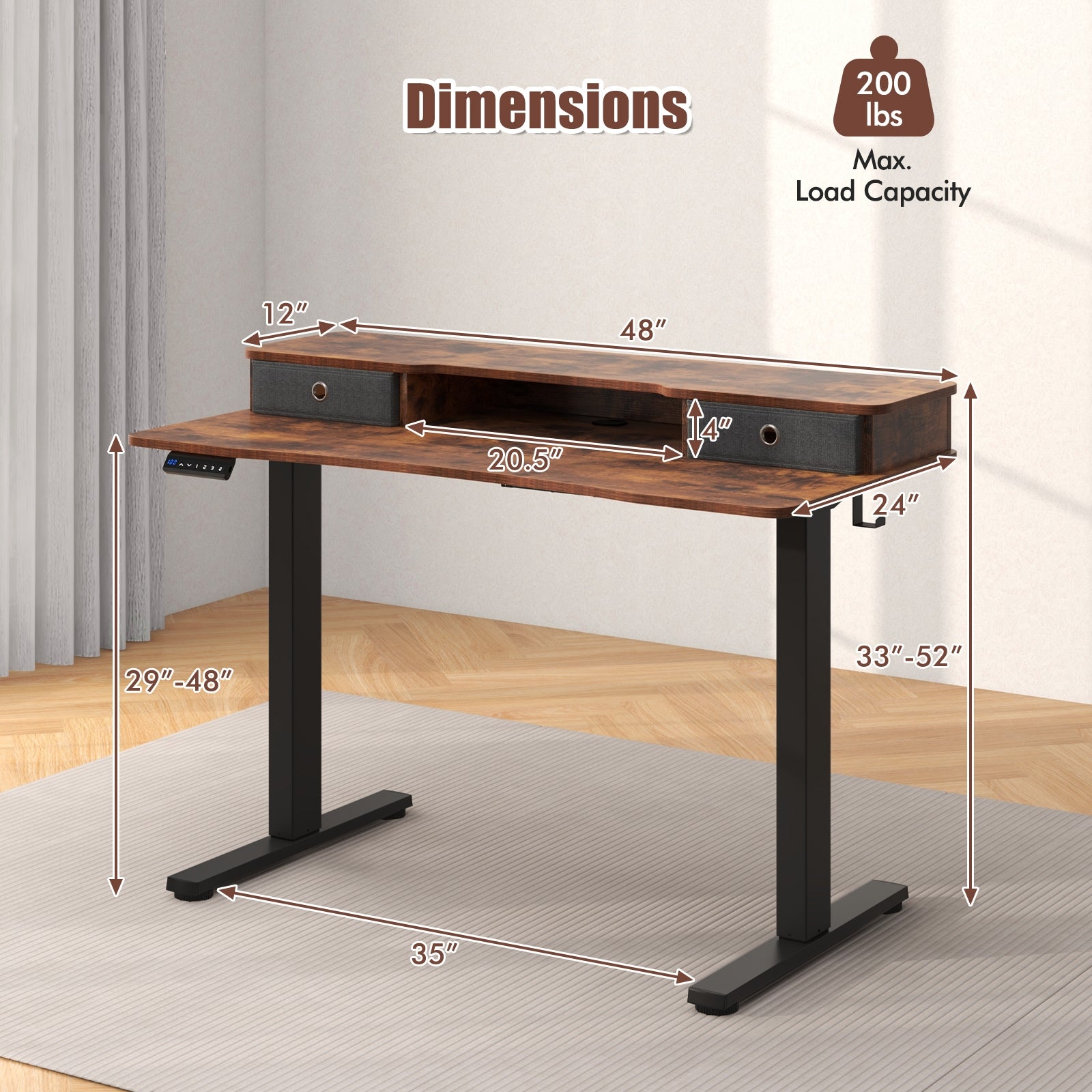 48 Inch x 24 Inch Height Adjustable Electric Standing Desk with 2 Drawers, Rustic Brown Standing Desks at Gallery Canada