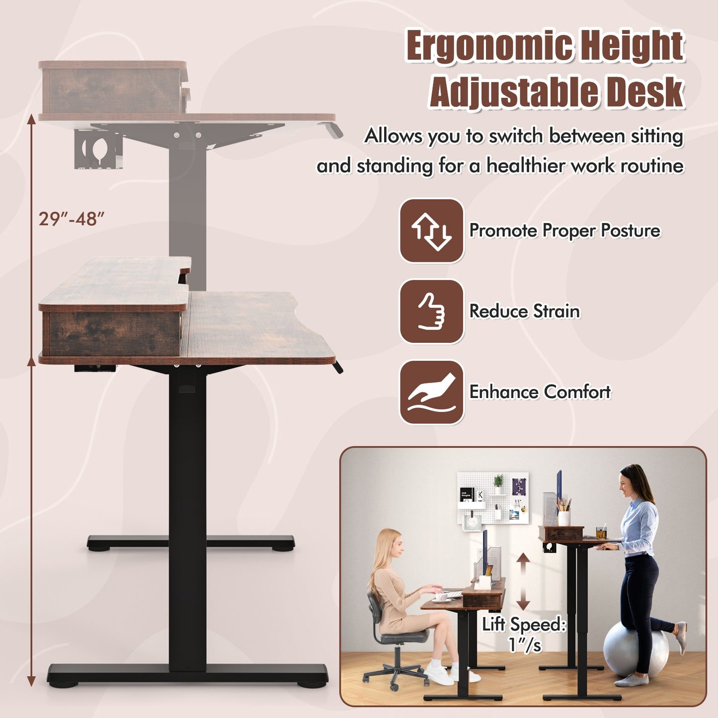 48 Inch x 24 Inch Height Adjustable Electric Standing Desk with 2 Drawers, Rustic Brown Standing Desks at Gallery Canada