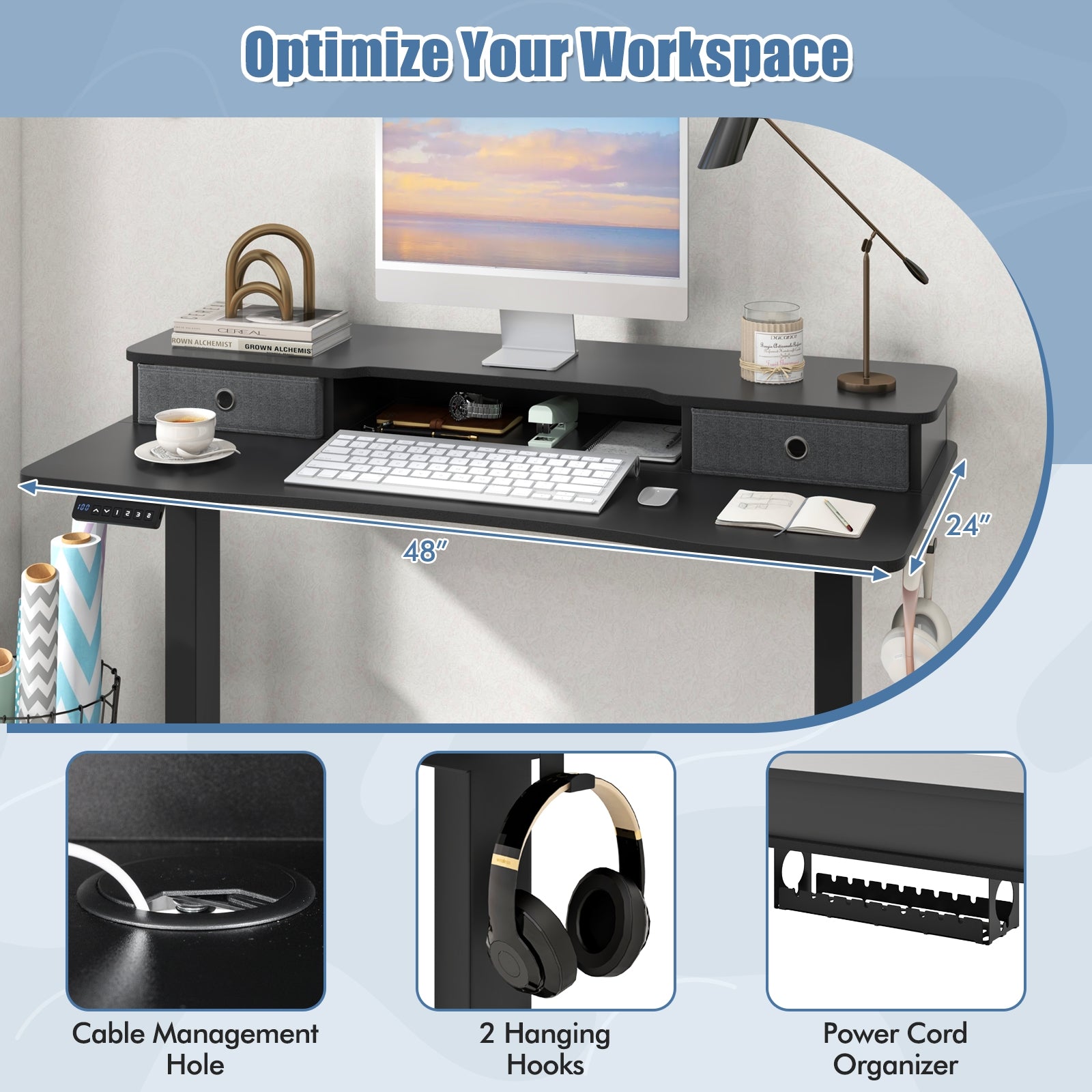 48 Inch x 24 Inch Height Adjustable Electric Standing Desk with 2 Drawers, Black Standing Desks at Gallery Canada