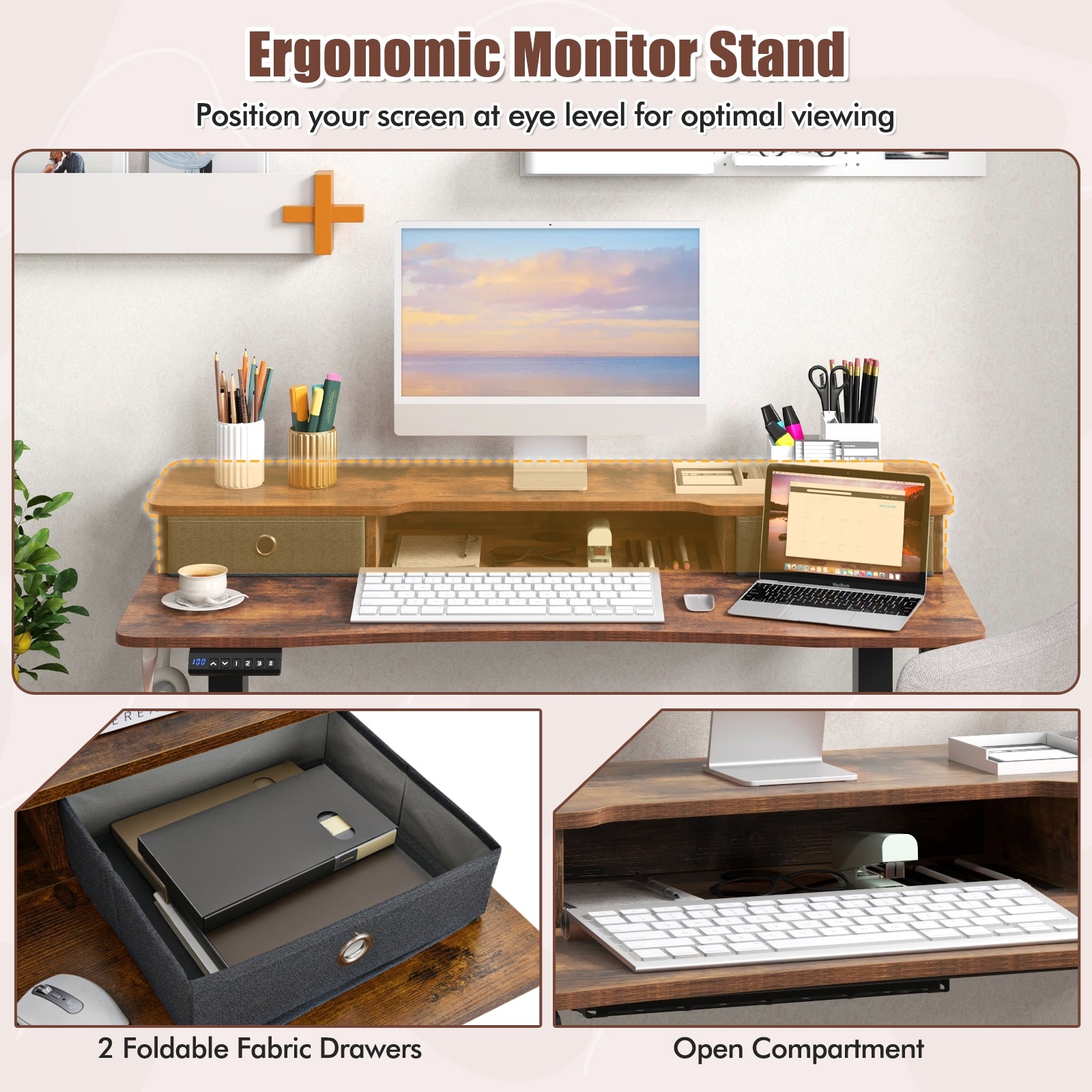 48 Inch x 24 Inch Height Adjustable Electric Standing Desk with 2 Drawers, Rustic Brown Standing Desks at Gallery Canada