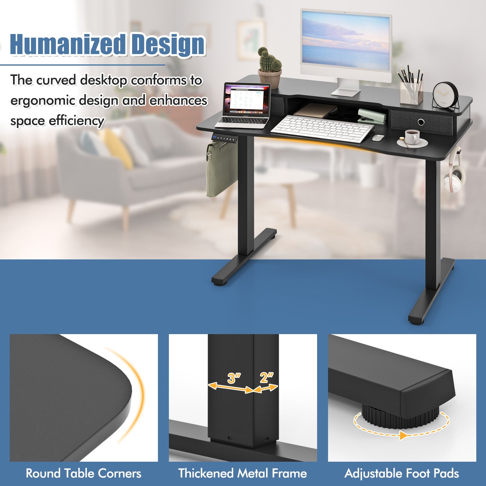 48 Inch x 24 Inch Height Adjustable Electric Standing Desk with 2 Drawers, Black Standing Desks at Gallery Canada