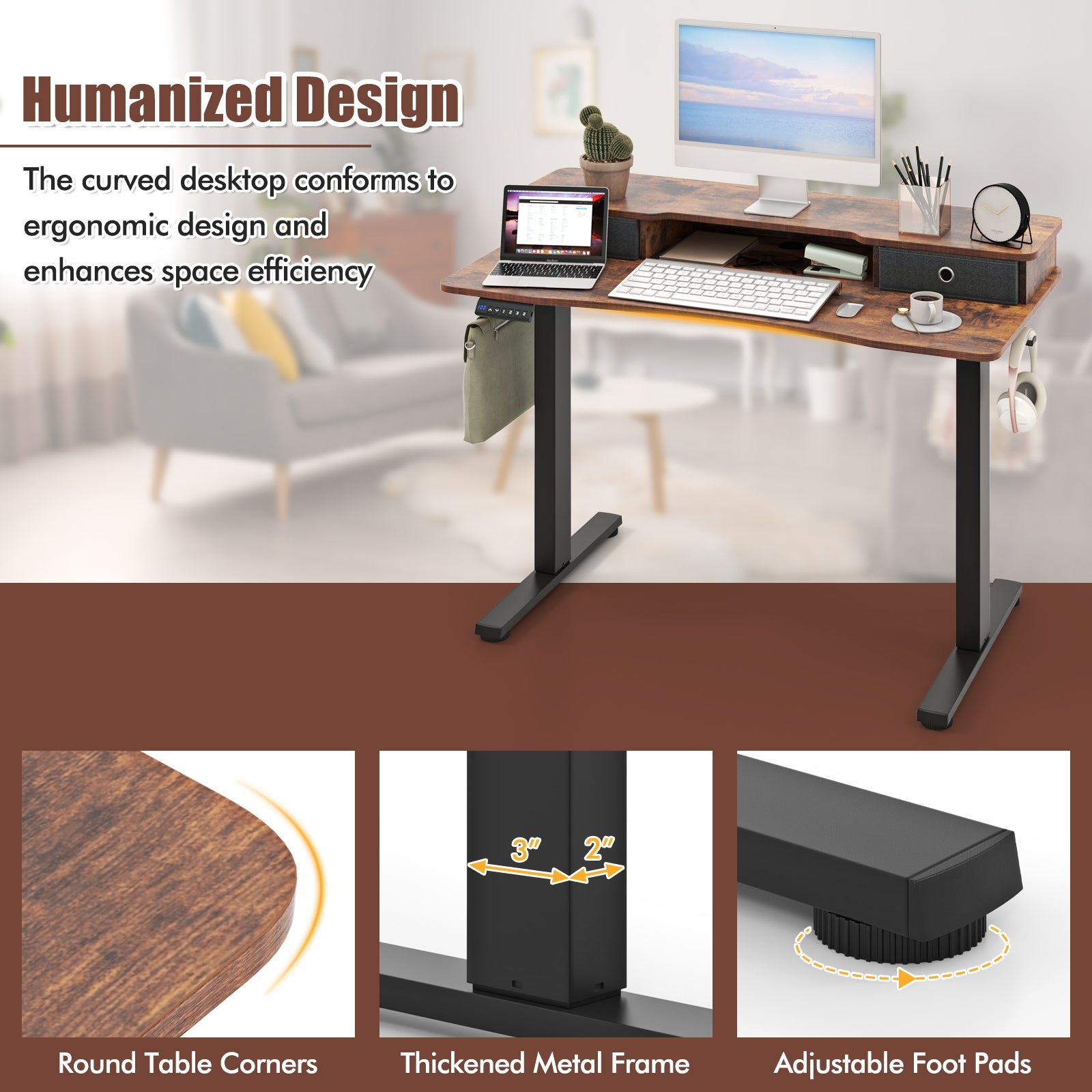 48 Inch x 24 Inch Height Adjustable Electric Standing Desk with 2 Drawers, Rustic Brown Standing Desks at Gallery Canada