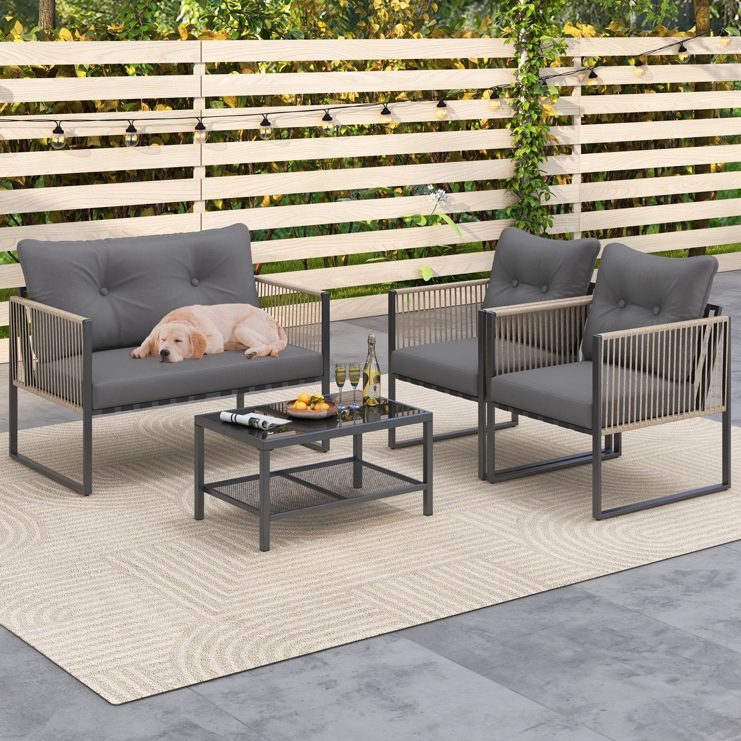 4 Pieces Outdoor PE Rattan Conversation Sofa Set with Cushions-Grey, Gray Patio Conversation Sets at Gallery Canada