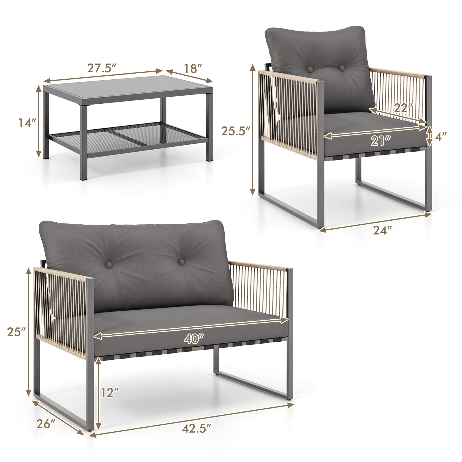 4 Pieces Outdoor PE Rattan Conversation Sofa Set with Cushions-Grey, Gray Patio Conversation Sets at Gallery Canada