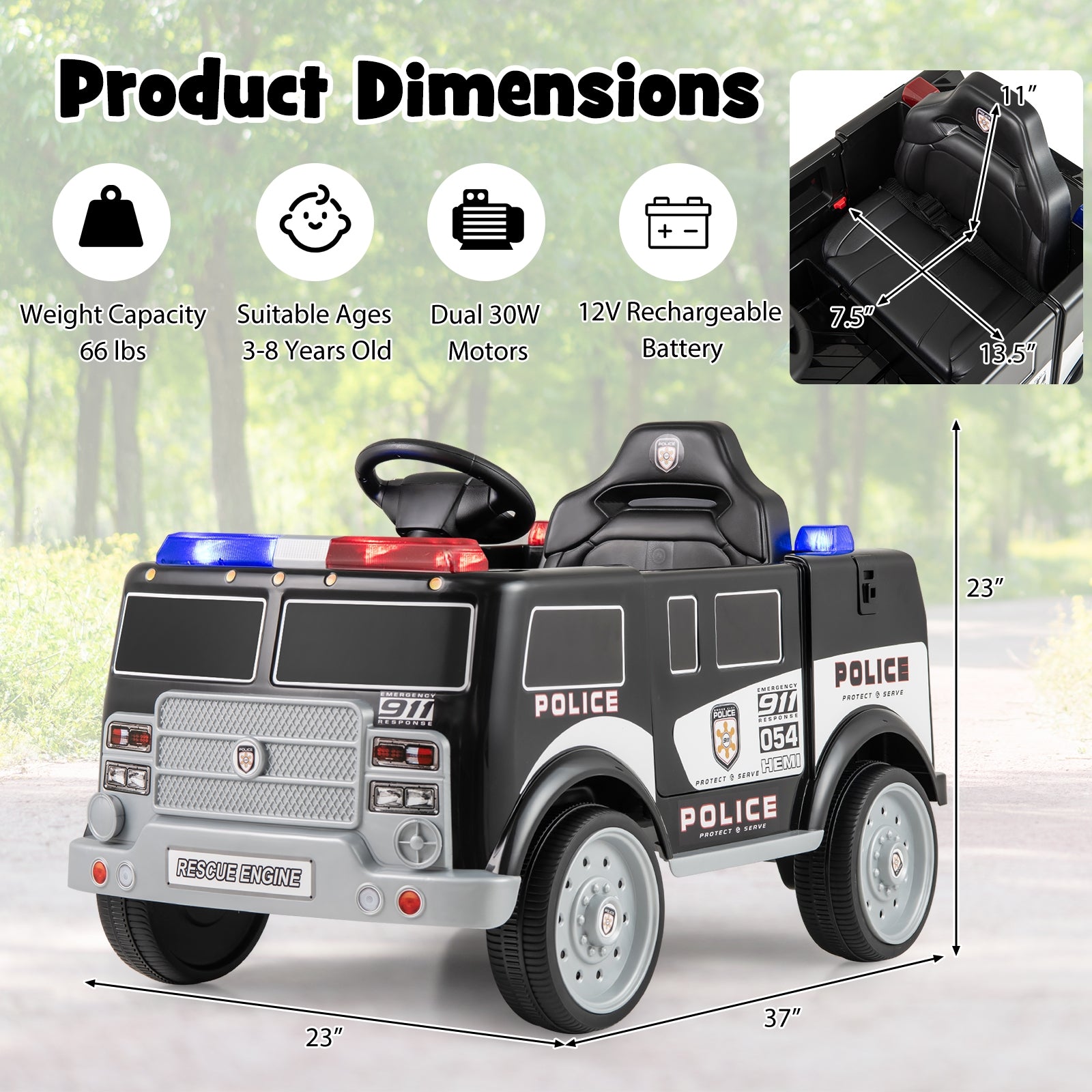 12V Battery Powered Electric Vehicle with 3 Speeds and Megaphone, Black Powered Ride On Toys at Gallery Canada