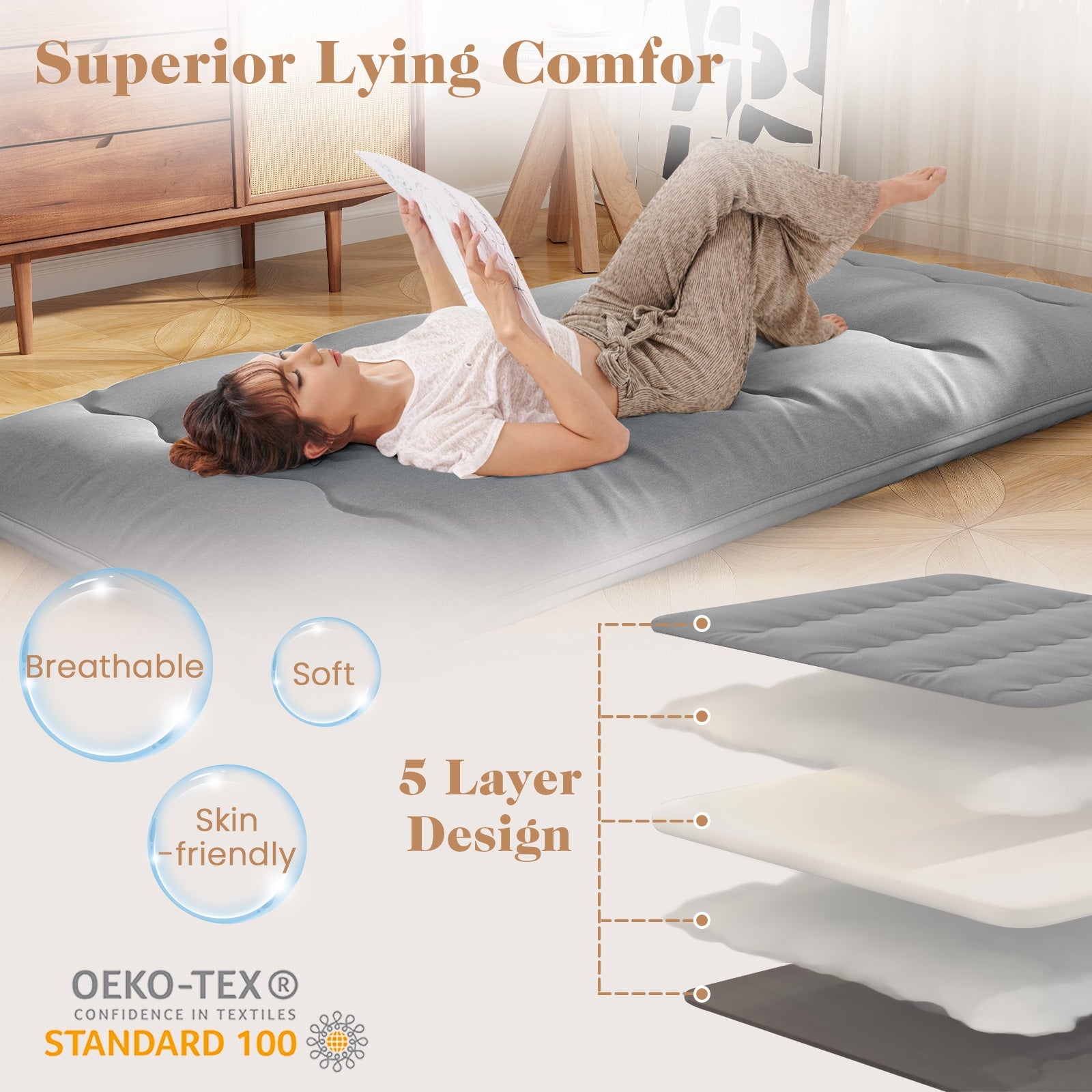 Futon Mattress with Washable Cover and Carry Bag-Twin Size, Gray Mattresses at Gallery Canada