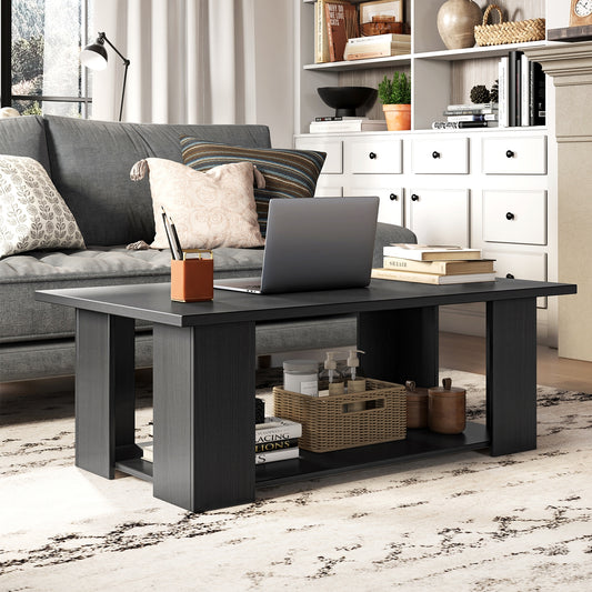 Large 36/41 Inch 2-tier Wooden Modern Coffee Table with Storage Shelf, Black Coffee Tables Black at Gallery Canada